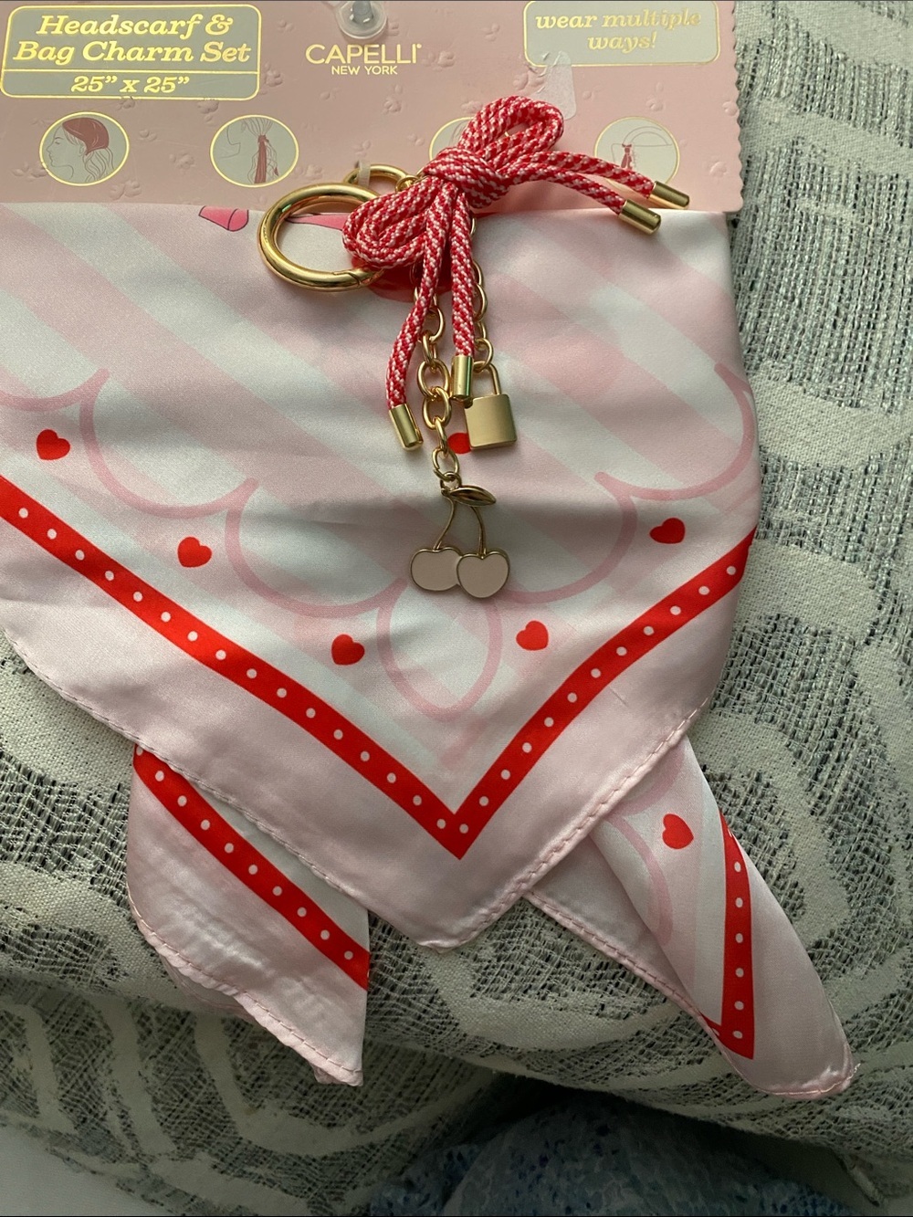 Capelli of New York Pink & Red Heart Print Headscarf with Gold Charm Keyring